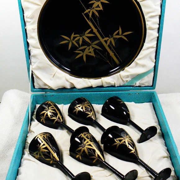 VTG black lacquer Bamboo design gold on black lacquer set of 6 goblets tray Box - Picture 2 of 12